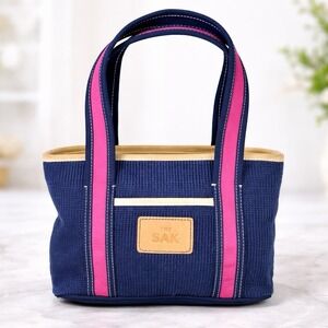 The Sak Gina Mini Tote Navy Blue Pink Striped Straps Zip Top Crochet Knit Boho